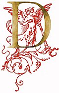 [Picture: Decorative initial letter D, gold with red angel]