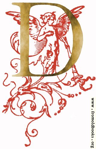 [Picture: Decorative initial letter D, gold with red angel]