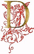 Decorative initial letter D, gold with red angel