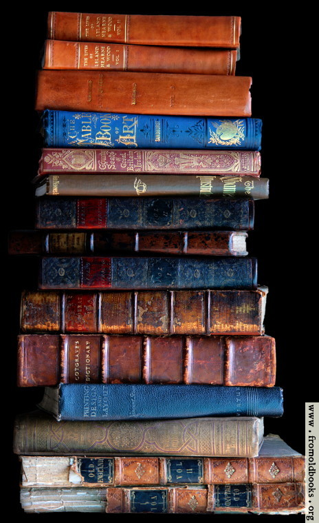 [Picture: Stack of old books, dark background]