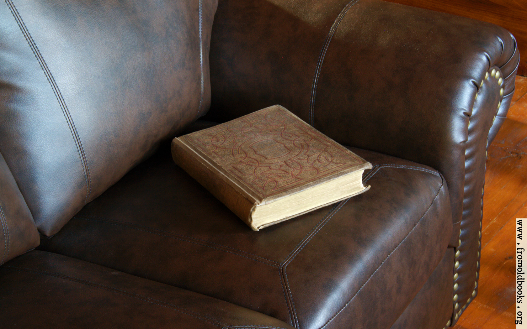 [Picture: Victorian book on leather couch]