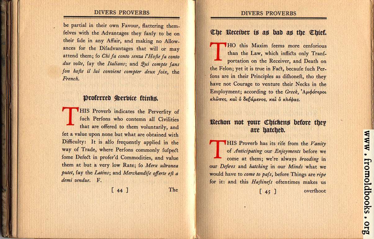 [Picture: Proferred Service stinks;  The Receiver is as bad as the Thief;  Reckon not your Chickens before they are hatched.]