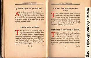 [picture: I talk of Chalk and you of Cheese; Charity begins at Home; Cut your Coat according to your Cloth;  What can't be cur'd must be endur'd.]